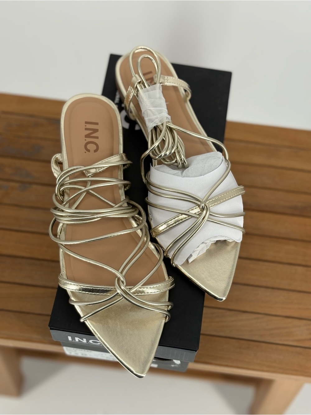 New INC International Concepts Metallic Gold Strappy Pointed Mules size 7M